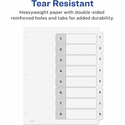 Avery® Ready Index® Table of Content Dividersfor Laser and Inkjet Printers, 8 tabs - 8 x Divider(s) - 8 Printed Tab(s) - Digit - 1-8 - 8 Tab(s)/Set - 8.50" (215.90 mm) Divider Width x 11" (279.40 mm) Divider Length - Letter - 8.50" (215.90 mm) Width x 11" (279.40 mm) Length - 3 Hole Punched  LASER/INK JET  BLACK & WHITE 8 TABS  1 SET/PKG