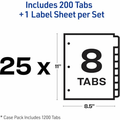 Avery Index Maker Index Divider - 200 x Divider(s) - Print-on Tab(s) - 8 - 8 Tab(s)/Set - 8.50" (215.90 mm) Divider Width x 11" (279.40 mm) Divider Length - 3 Hole Punched - White Paper Divider - White Paper Tab(s) - Printable, Hole-punched, Customizable, Long Lasting, Tear Resistant, Double-sided - (25 SETS/BOX) AVERY 3 CLEAR LABEL SHEETS  20% PCW