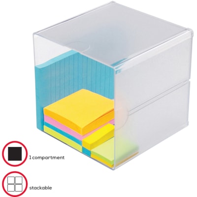 Deflecto Stackable Cube Organizer - 1 Compartment(s) - 6" (152.40 mm) Height x 6" (152.40 mm) Width x 6" (152.40 mm) Depth - Desktop - Stackable - Clear - Plastic - 1 Each 6"X6"X6" CUBE W/CLIPS INCL 