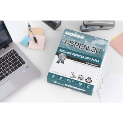 Aspen - Papier recyclé X-9 - 92 Luminosité - format lettre - 8 1/2 po (215,90 mm) x 11 po (279,40 mm) - 20 lb (9071,85 g) Poids de Base - Lisse - Sustainable Forestry Initiative (SFI) - Sans bourrage, Sans acide - Blanc - 2500 / Carton 30 % MAT. RECYC. POSTCONSOMM. 20 LB  BRILLANCE 92  2 500/CS