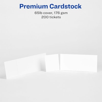 Avery® Event Tickets with Tear-Away Stubsfor Laser and Inkjet Printers, 1-3/4" x 5-1/2" - 1 3/4" (44.45 mm) Width x 5 1/2" (139.70 mm) Length - Laser, Inkjet - Matte - Matte White - Recyclable, Biodegradable, Durable, Customizable - 20 / Sheet - 200 / Pack TEAR-AWAY STUBS 1 " X 5 "