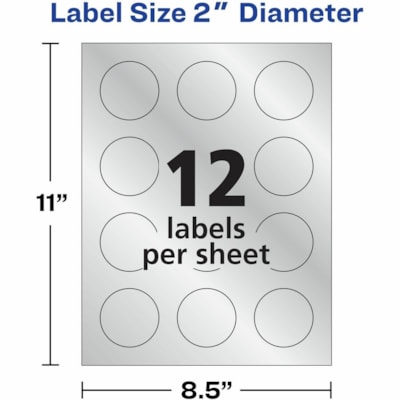 Avery® Silver Foil Round Labels 2" Diameter, Permanent Adhesive, for Inkjet Printers - - HeightPermanent Adhesive - Round - Inkjet - Silver - Paper - 12 / Sheet - 8 Total Sheets - 96 Total Label(s) - 96 / Pack 2" DIA 96 LABELS  MATTE SILVER FOIL