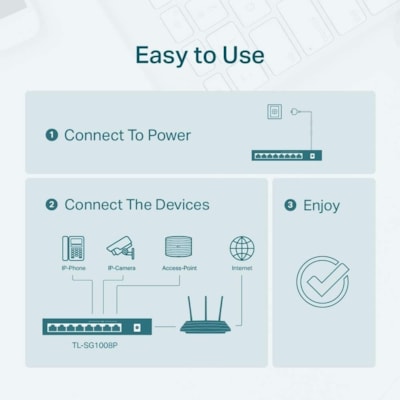 TP-Link TL-SG1008P Ethernet Switch - 8 Ports - Gigabit Ethernet - 10/100/1000Base-T - 2 Layer Supported - 5.40 W Power Consumption - 64 W PoE Budget - Twisted Pair - PoE Ports - Black - Desktop - 3 Year Limited Warranty  