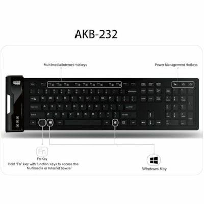 Adesso SlimTouch 232 Antimicrobial Waterproof Flex Keyboard (Full Size) - Cable Connectivity - USB Interface - 120 Key(s) - Multimedia, Internet, Email, Windows Key Hot Key(s) - Rugged - English (US) - QWERTY Layout - Computer - PC, Windows - Industrial Silicon Rubber Keyswitch - Black BD W/ HOT 