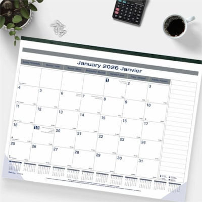 Blueline 2026 Net Zero Carbon 12-Month Monthly Desk Pad/Calendar - January to December - 22" x 17" - Bilingual - Julian Dates - Yearly, Daily, Monthly - 12 Month - January 2026 to December 2026 - 1 Month Single Page Layout - 22" (558.80 mm) x 17" (431.80 mm) Sheet Size - Twin Wire - Desk Pad - Chipb  