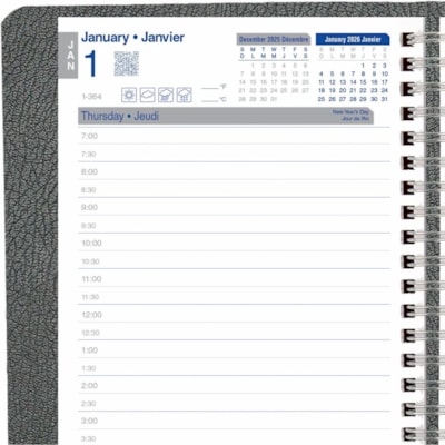 Blueline Net Zero Carbon Daily Planner - Daily, Monthly, Weekly - 1 Year - January 2025 - December 2025 - 7:00 AM to 7:30 PM - Half-hourly - 1 Day Single Page Layout - Twin Wire - Black Cover - 8" (203.20 mm) Height x 5" (127 mm) Width - Soft Cover, Flexible Cover, Eco-friendly, Bilingual - 1 Each  