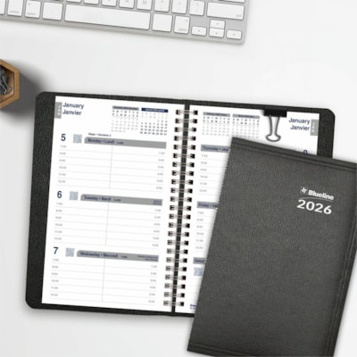 Blueline 2026 Net Zero Carbon 12-Month Weekly Planner - January to December - 8" x 5" - Black - Bilingual - Weekly - 12 Month - January 2026 to December 2026 - 7:00 AM to 6:00 PM - Monday - Friday - 5" (127 mm) x 8" (203.20 mm) Sheet Size - Twin Wire - Black - Paper - Appointment Schedule, Soft Cove  