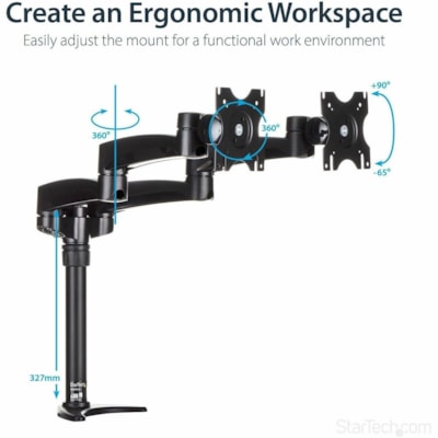StarTech.com Desk Mount Dual Monitor Arm, Dual Articulating Monitor Arm, Height Adjustable, For VESA Monitors up to 24" (29.9lb/13.6kg) - Mount two displays on your desk or through a grommet with this desk mount dual monitor arm - Dual articulating monitor arms - Full range of motion - Adjustable he  MNT 