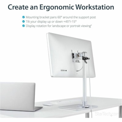StarTech.com Single Monitor Stand, For up to 34" (30.9lb/14kg) VESA Mount Monitors, Works with iMac / Apple Cinema Displays, Steel, Silver - Mount your monitor on a desk stand, with tilt, pivot and height adjustments - Works with VESA 75x75/100x100 mount displays up to 34" including flat screen, cur  STND 