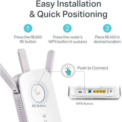 TP-Link RE450 IEEE 802.11ac 1.71 Gbit/s Wireless Range Extender - 2.40 GHz, 5 GHz - 3 x External Antenna(s) - External - 1 x Network (RJ-45) - Ethernet, Fast Ethernet, Gigabit Ethernet - 9 W - Wall Mountable  