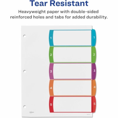 Avery® Ready Index® Customizable Table of Contents Dividersfor Laser and Inkjet Printers, 5 tabs, 1 set - 5 x Divider(s) - 5 Printed Tab(s) - Digit - 1-5 - 5 Tab(s)/Set - 8.50" (215.90 mm) Divider Width x 11" (279.40 mm) Divider Length - Letter - 8.50" (215.90 mm) Width x 11" (279.40 mm) Len 1-5 NUMBERED TABS  PAPER CONTEMPORARY MULTI COLOURS