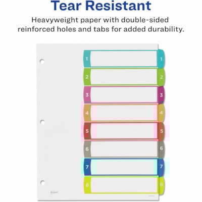 Avery® Ready Index® Customizable Table of Contents Dividersfor Laser and Inkjet Printers, 8 tabs, 1 set - 8 x Divider(s) - 8 Printed Tab(s) - Digit - 1-8 - 8 Tab(s)/Set - 8.50" (215.90 mm) Divider Width x 11" (279.40 mm) Divider Length - Letter - 8.50" (215.90 mm) Width x 11" (279.40 mm) Len 1-8 NUMBERED TABS  PAPER CONTEMPORARY MULTI COLOURS
