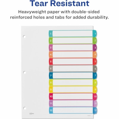 Avery® Ready Index® Customizable Table of Contents Dividersfor Laser and Inkjet Printers, 12 tabs, 1 set - 12 x Divider(s) - 12 Printed Tab(s) - Digit - 1-12 - 12 Tab(s)/Set - 8.50" (215.90 mm) Divider Width x 11" (279.40 mm) Divider Length - Letter - 8.50" (215.90 mm) Width x 11" (279.40 mm 1-12 NUMBERED TABS  PAPER CONTEMPORARY MULTI COLOURS