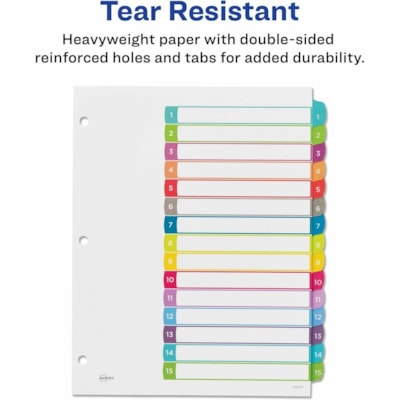 Avery® Ready Index® Customizable Table of Contents Dividersfor Laser and Inkjet Printers, 15 tabs, 1 set - 15 x Divider(s) - 15 Printed Tab(s) - Digit - 1-15 - 15 Tab(s)/Set - 8.50" (215.90 mm) Divider Width x 11" (279.40 mm) Divider Length - Letter - 8.50" (215.90 mm) Width x 11" (279.40 mm 1-15 NUMBERED TABS  PAPER CONTEMPORARY MULTI COLOURS
