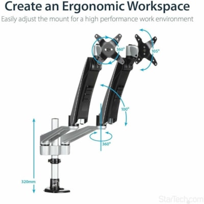 StarTech.com Desk Mount Dual Monitor Arm, Full Motion, Premium Dual Monitor Mount for up to 30"(19.8lb/9kg) VESA Mount Monitors, Tool-less - Save space and work in comfort with this premium desk mount dual monitor arm - Mount two displays up to 30" horizontally or displays up to 24" vertically - Ful  MNT 