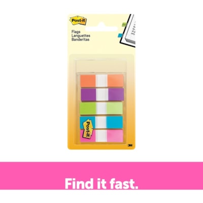 Post-it® - Languettes dans un distributeur de poche - Couleurs vives - largeur de drapeau/note 1/2 po (12,70 mm) x longueur de drapeau/note 1 3/4 po (44,45 mm) - Orange, Pourpre, Vert, Bleu, Rose - Amovible - 100 / emballage  