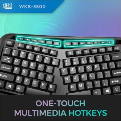 Adesso 2.4 GHz Wireless Ergonomic Trackball Keyboard - Wireless Connectivity - RF - 30 ft (9144 mm) - 2.40 GHz - USB Interface - 105 Key(s) - Next Track, Previous Track, Refresh, Search, Forward, Wake-up, Play/Pause, Volume Up, My Computer, Mute, Sleep, ... Hot Key(s) - English (US) - QWERTY Layout  s Media Ergonomic Trackball ke yboard with 20 windo