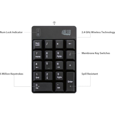 Adesso Wireless Spill Resistant 18-Key Numeric Keypad - Wireless Connectivity - RF - 30 ft (9144 mm) - 2.40 GHz - USB Interface - 18 Key(s) - Windows 10, Windows 8, Windows 7 - English (US) - Computer - PC - Membrane Keyswitch - AAA Battery Size Supported - Black t 18-Key Numeric Keypad 