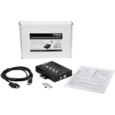StarTech.com USB to RS232/RS485/RS422 4 Port Serial Hub Adapter - Industrial Metal USB 2.0 to DB9 Serial Converter - Din Rail Mountable - Industrial 4 port serial hub 15kV Level 4 ESD - IP30 rating metal USB to serial adapter converter w/ each DB9 port set to RS232/RS422/RS485(2wire/4wire) baud rate 5kV Level 4 ESD - IP30 rating metal USB to serial