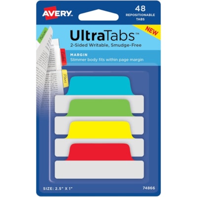 Avery® UltraTabs Repositionable Margin Tabs - 48 Tab(s) - 1" (25.40 mm) Tab Height x 2.50" (63.50 mm) Tab Width - Green Film, Clear Paper, Yellow, Red, Blue Tab(s) - 48 / Pack PK/48  TWO SIDED  WRITABLLE 