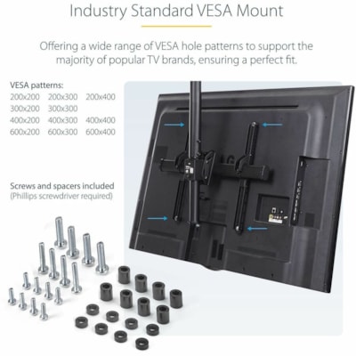 StarTech.com Dual TV Ceiling Mount, Back-to-Back Hanging Dual Screen VESA Pole Mount for 32"-75" TVs - Height Adjustable Telescopic Pole - Adjustable back-to-back dual TV ceiling mount w/ telescopic pole for large VESA mount displays/curved TVs up to 75in (110lb) per screen - Swivel/rotate/tilt - Wo  MNT 