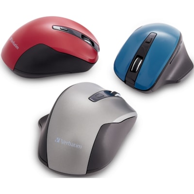 Verbatim Silent Ergonomic Wireless Blue LED Mouse - Red - Blue LED/Optical - Wireless - Radio Frequency - 2.40 GHz - Red - USB - 1600 dpi - 6 Button(s) - 1 Each RED 