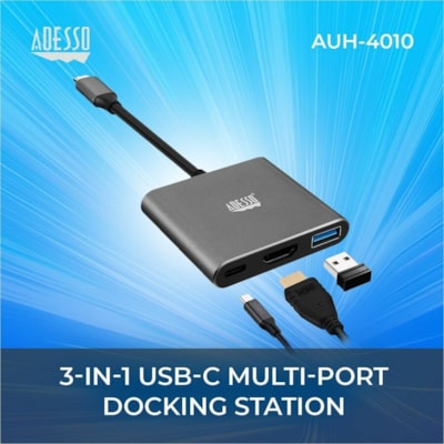 Adesso 3-IN-1 USB-C Multi-Port Docking Station (TAA Compliant) - for Notebook, Monitor, Projector, Smartphone, Tablet, TV - Charging Capability - USB Type C - 4K @30Hz - 3840 x 2160 - 2 x USB Ports - 1 x USB 3.0 - 1 x USB Type-A Ports - USB Type-A - 1 x USB Type-C Ports - USB Type-C - HDMI - Wired - Docking Station with 1xTypeC p ort  1x USB 3.0-A+PD