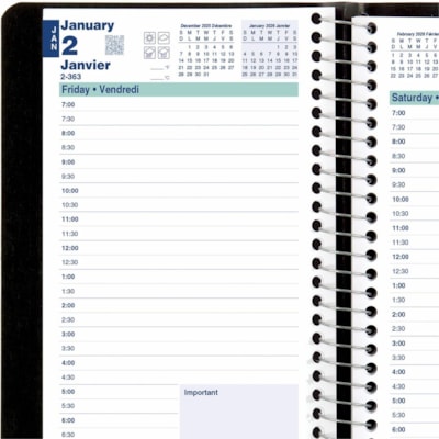 Blueline 2026 Essential 12-Month Daily Planner - January to December - 8" x 5" - Black - Bilingual - Daily - 12 Month - January 2026 to December 2026 - 7:00 AM to 7:30 PM - Half-hourly - 1 Day Single Page Layout - 5" (127 mm) x 8" (203.20 mm) Sheet Size - Spiral Bound - Black - Paper - 8" (203 mm) H  
