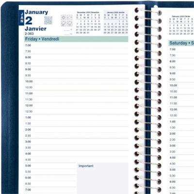 Blueline 2026 Essential 12-Month Daily Planner - January to December - 8" x 5" - Navy Blue - Bilingual - Daily - 12 Month - January 2026 to December 2026 - 7:00 AM to 7:30 PM - Half-hourly - 1 Day Single Page Layout - 5" (127 mm) x 8" (203.20 mm) Sheet Size - Spiral Bound - Blue - Paper - 8" (203 mm  