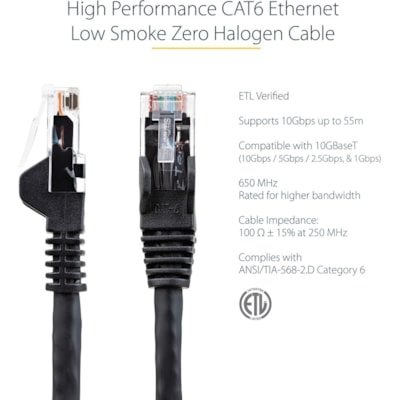 StarTech.com 35ft (10.7m) CAT6 Ethernet Cable, LSZH (Low Smoke Zero Halogen) 10GbE Snagless 100W PoE UTP RJ45 Black Network Patch Cord ETL - 35ft/10.7m Black LSZH CAT6 Ethernet Cable - 10GbE Multi Gigabit 1/2.5/5Gbps/10Gbps to 55m - 100W PoE++, ANSI/TIA-568-2.D Category 6 - 24 AWG stranded 100% copp ernet Cable - 10GbE Multi Giga bit 1/2.5/5Gbps/10Gb