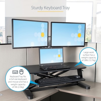 StarTech.com Corner Sit Stand Desk Converter with Keyboard Tray, Large Surface 35"x21" , Height Adjustable Ergonomic Tabletop Standing Desk - Corner sit-stand desk converter w/ 35.7x20in area - Height adjustable standing desk converter (6.1-23in from desk) - Assembled - Ergonomic stand up workstatio  