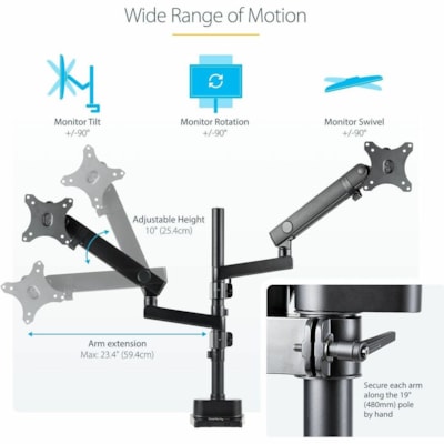 StarTech.com Desk Mount Dual Monitor Arm, Height Adjustable Monitor Mount for 2x VESA Displays up to 32" (17.6lb/8kg), Mechanical Spring - VESA 75x75/100x100mm desk mount dual monitor arm for 2x 32 inch (16:9) displays (17.6lb each) - Clamp/Grommet; Detachable VESA plates - Articulating ergonomic mo  MNT 