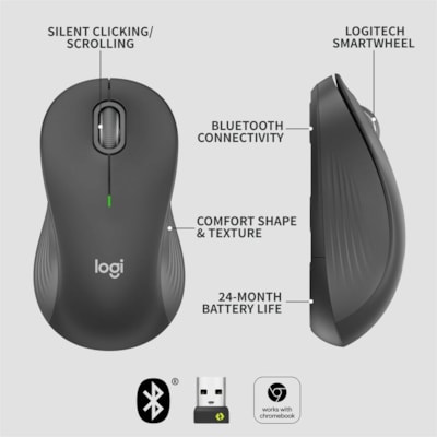 Logitech Signature M550 Mouse - Optical - Wireless - 32.81 ft (10000 mm) - Bluetooth - Graphite - USB - 4000 dpi - Scroll Wheel - 3 Button(s) - 3 Programmable Button(s) - Large Hand/Palm Size - 1 x AA Battery Supported - 1 / Each  