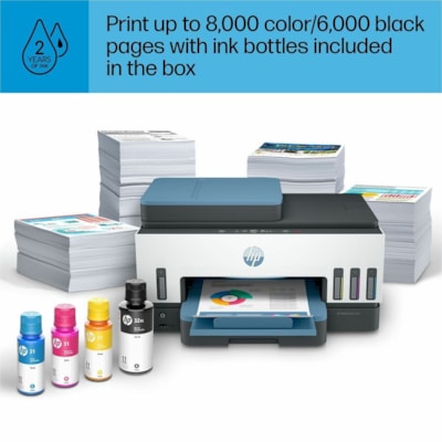 HP - Imprimante multifonction à jet d'encre 7602 Filaires et Sans fil Smart Tank - Couleur - Copieur/Télécopieur/Imprimante/Scanner - 4800 x 1200 dpi Impression - Automatique Recto/Verso - jusqu'à 6000 Pages mensuelles - Couleur Scanner à Plat Scanner - 1200 dpi Scanner   