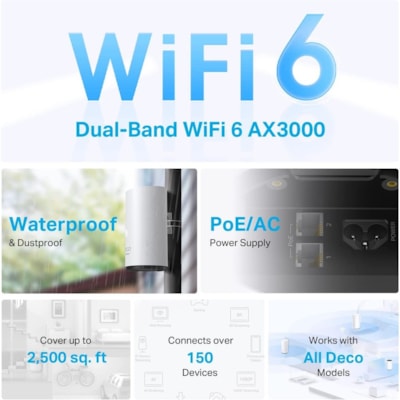TP-Link Deco X50-Outdoor Wi-Fi 6 IEEE 802.11ax Ethernet Wireless Router - Dual Band - 2.40 GHz ISM Band - 5 GHz UNII Band - 375 MB/s Wireless Speed - 2 x Broadband Port - Gigabit Ethernet - Pole-mountable, Wall Mountable, Tabletop MESH WI-FI 6 UNIT SPEC INTERNA L ANTENNAS  2 GIGABI