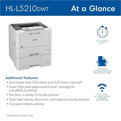 Brother HL-L5210DW Desktop Wireless Laser Printer - Monochrome - 48 ppm Mono - 1200 x 1200 dpi Print - Automatic Duplex Print - 870 Sheets Input - Ethernet - Wireless LAN - Brother iPrint&Scan, Wi-Fi Direct, Mopria, Brother Print Service Plugin, Apple AirPrint, Brother Mobile Connect - 90000 Pages D ER BUSINESS 