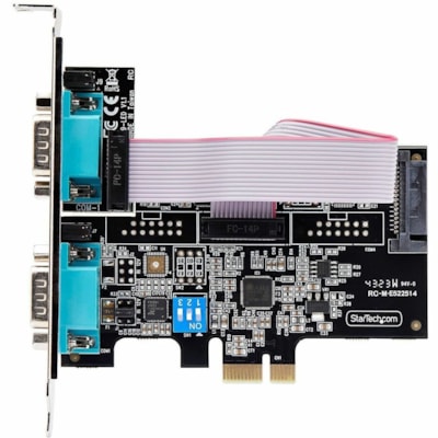 StarTech.com 2-Port Serial PCIe Card, Dual-Port RS232/RS422/RS485 Card, 16C1050 UART, ESD Protection, Windows/Linux, TAA-Compliant - 2-Port PCIe Serial Card features on-board DIP switches allowing each DB9 port to operate in RS-232/RS-422/RS-485 independently; Jumpers provide the option of 12V/5V/RI  CTLR 