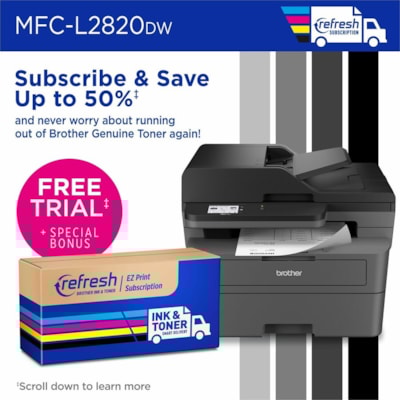 Brother MFC-L2820DW Wireless Laser Multifunction Printer - Monochrome - Gray - Copier/Fax/Printer/Scanner - 34 ppm Mono/7.9 ppm Color Print - 1200 x 1200 dpi Print - Automatic Duplex Print - Up to 35000 Pages Monthly - Monochrome Scanner - 1200 x 1200 dpi Optical Scan - Ethernet - Wireless LAN - App ER MULTIFUNCTION 