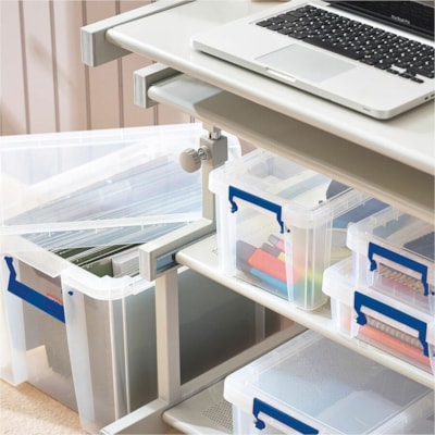 Bankers Box Storage Case - Internal Dimensions: 22.60" (574.04 mm) Width x 14.87" (377.70 mm) Depth x 14.75" (374.65 mm) Height - External Dimensions: 26" (660.40 mm) Width x 17.3" (439.42 mm) Depth x 15.3" (388.62 mm) Height - 22.45 gal (85000 mL) - Locking Clip, Lid, Flip Top Closure - Stackable - 85 L LARGE CAPACITY STORAGE BOX