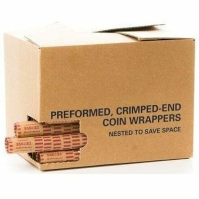 Minitube Coin Wrap - Total $50 in $2 Denomination - Color Coded, Crimped, Pre-printed - Kraft - 1000 / Unit PREFORMED NESTED CRIMPED-END BULK-PACKED 1000/BOX