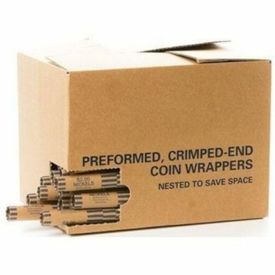 Minitube Coin Wrap - Total $2.00 in 5¢ Denomination - Color Coded, Crimped, Pre-printed - Kraft - 1000 / Unit PREFORMED NESTED CRIMPED-END BULK-PACKED 1000/BOX