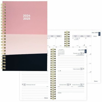 Blueline Academic Weekly Planner Geo 2024-2025, Bilingual - Academic - Weekly, Monthly - 13 Month - July 2024 to July 2025 - 1 Week Double Page Layout - 5" (127 mm) x 8" (203.20 mm) Sheet Size - Twin Wire - Paper - Poly Cover - Monthly Planner, Ruled, Sticker Sheet, Tear-off, Bilingual, Moon Phases,  