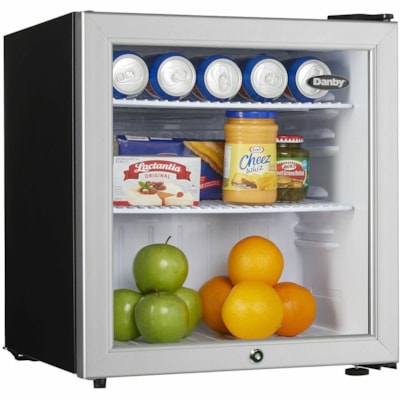Danby 1.6 cu. ft. Compact Glass Door Fridge In Platinum - 45.31 L - Reversible - 45.31 L Net Refrigerator Capacity - 120 V AC - Platinum, Black - Freestanding - LED Light BLACK CABINET /W GLASS DOOR 