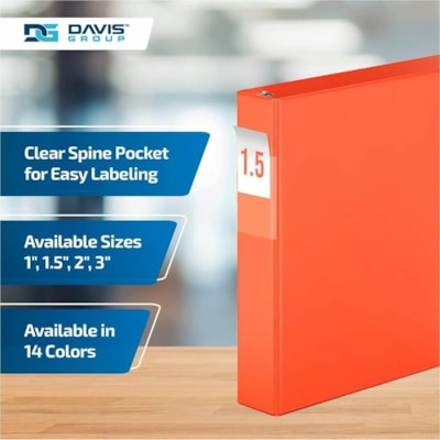 Davis Group - Reliure à anneaux 2302-19-06 - format lettre - format 8 1/2 po (215,90 mm) x 11 po (279,40 mm) - 350 Capacité en feuilles - 3 x 1,50 po (38,10 mm) Ring(s) - Fastener(s) : Anneau en D - Pocket(s) : 2, Interne - Polypropylène - Orange - 6,25 lb (2834,95 g) - Étiquette   