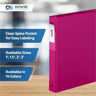 Davis Group - Reliure à anneaux 2311-43-06 - format lettre - format 8 1/2 po (215,90 mm) x 11 po (279,40 mm) - 200 Capacité en feuilles - 3 x 1 po (25,40 mm) Ring(s) - Fastener(s) : Anneau rond - Pocket(s) : 2, Interne - Polypropylène - Rose - 5,15 lb (2336 g) - Étiquette dos, San  