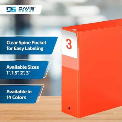 Davis Group - Reliure à anneaux 2314-19-06 - format lettre - format 8 1/2 po (215,90 mm) x 11 po (279,40 mm) - 600 Capacité en feuilles - 3 x 3 po (76,20 mm) Ring(s) - Fastener(s) : Anneau rond - Pocket(s) : 2, Interne - Polypropylène - Orange - 9,10 lb (4127,69 g) - Étiquette dos  