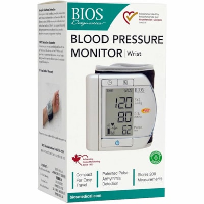 Bios Diagnostics Precision 6.0 W100 Blood Pressure Monitor - For Blood Pressure, Heart Rate, Pulse Rate - Alarm, Irregular Heartbeat Detection, Comfortable, Compact TIME  DATE 