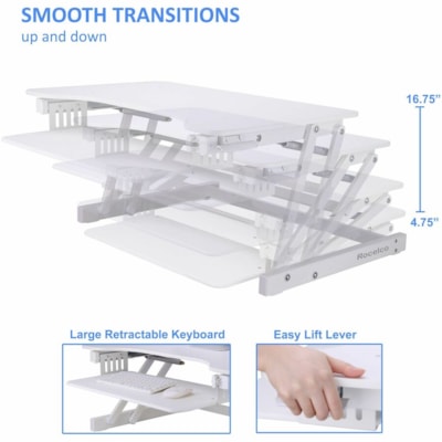 Rocelco 32"W-16.75"H Adjustable Desk Riser - 30 lb (13607.77 g) Load Capacity - 16.75" (425.45 mm) Height x 32" (812.80 mm) Width x 20.60" (523.24 mm) Depth - Desk - Laminate, Metal - White - For Workstation, Commercial, Monitor, Notebook - Ergonomic, Adjustable, Keyboard Tray, Sturdy, Handle, Pneum le Desk Riser 