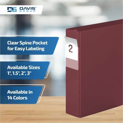 Davis - Reliure à anneaux Essential - format lettre - format 8 1/2 po (215,90 mm) x 11 po (279,40 mm) - 475 Capacité en feuilles - 3 x 2 po (50,80 mm) Ring(s) - Fastener(s) : Anneau en D - Pocket(s) : 2, À l'intérieur avant et arrière - Polypropylène - Bourgogne - 7,  