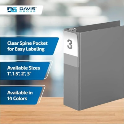 Davis - Reliure à anneaux Essential - format lettre - format 8 1/2 po (215,90 mm) x 11 po (279,40 mm) - 625 Capacité en feuilles - 3 x 3 po (76,20 mm) Ring(s) - Fastener(s) : Anneau en D - Pocket(s) : 2, À l'intérieur avant et arrière - Polypropylène - Gris - 9,10 lb  